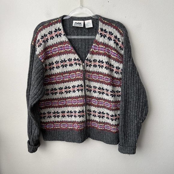 Northern Reflections Womens Fair Isle 100% Wool Full Zip Sweater Gray Nordic Vtg - Picture 5 of 11